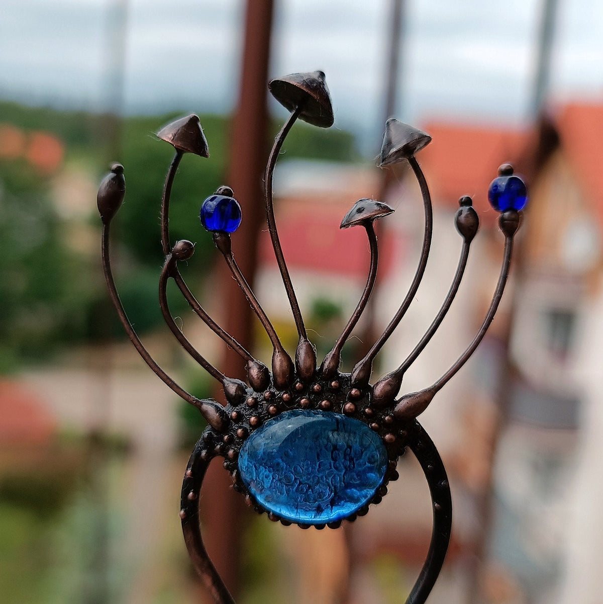 Blue Glass Mushroom Hair Pin – Blackened Copper Forest Hair Fork – Witchy Botanical