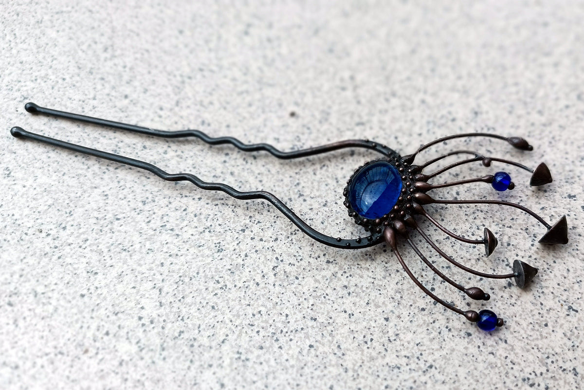 Blue Glass Mushroom Hair Pin – Blackened Copper Forest Hair Fork – Witchy Botanical