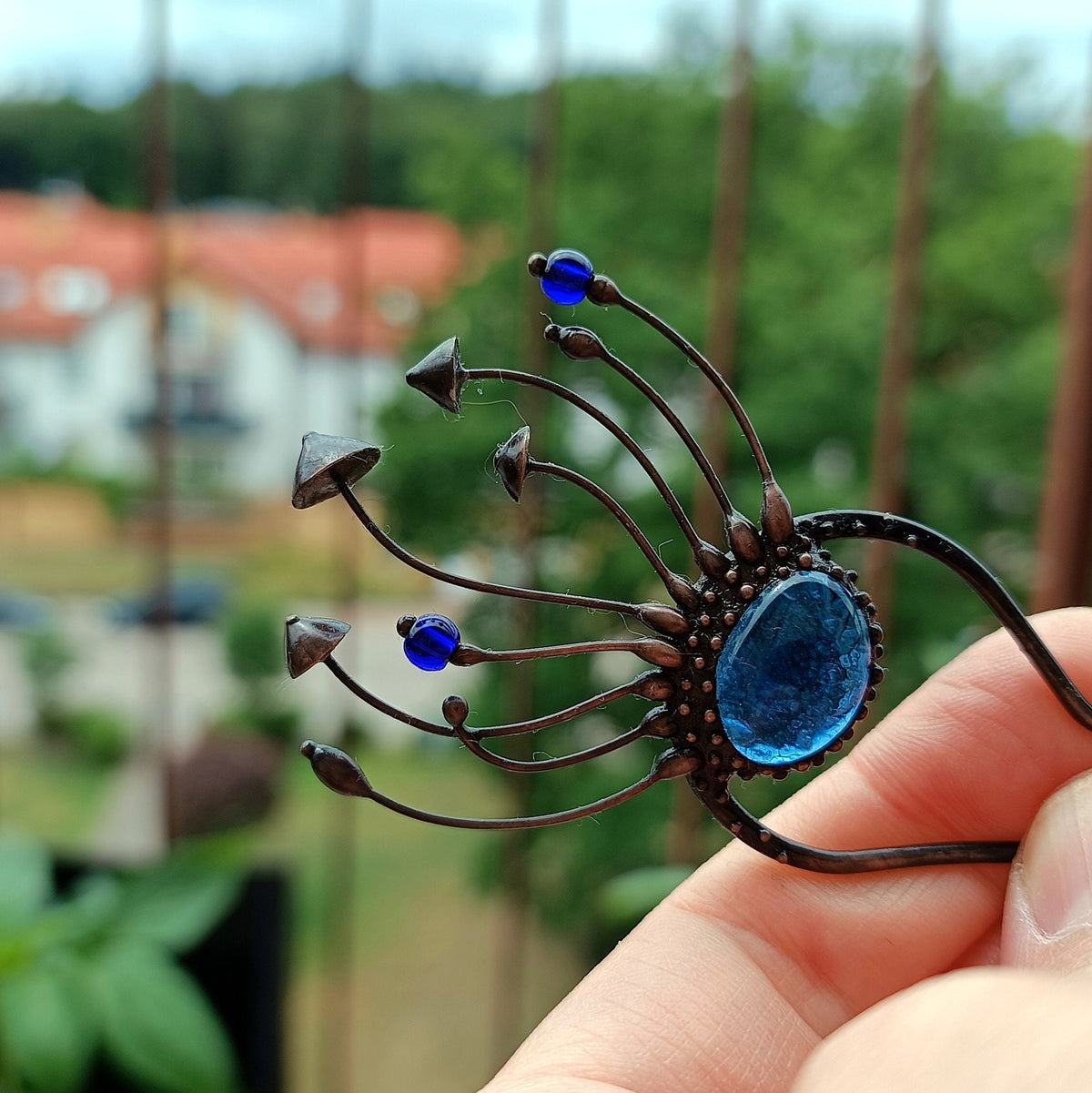 Blue Glass Mushroom Hair Pin – Blackened Copper Forest Hair Fork – Witchy Botanical