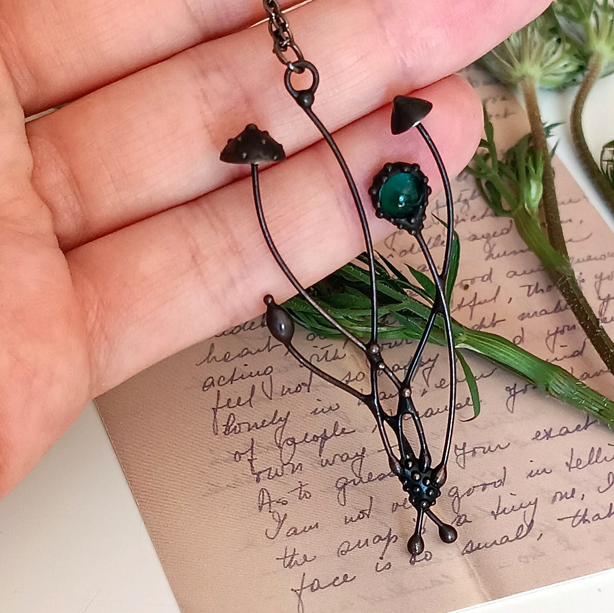 Green Glass Amanita Mushroom Necklace – Blackened Copper Forest Pendant – Botanical