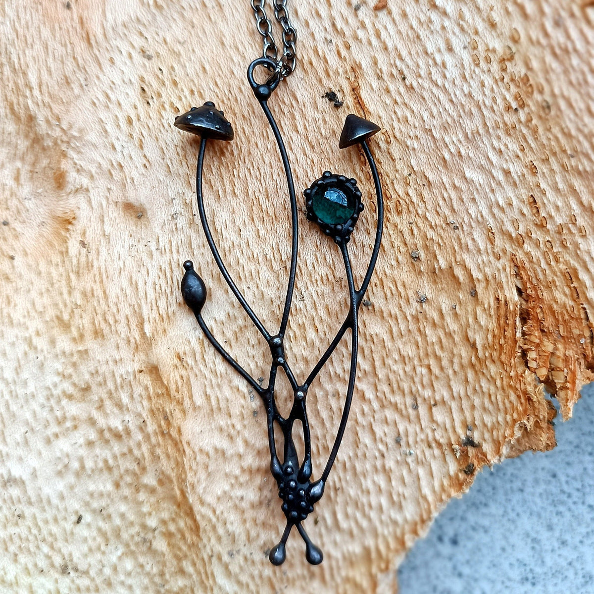 Green Glass Amanita Mushroom Necklace – Blackened Copper Forest Pendant – Botanical