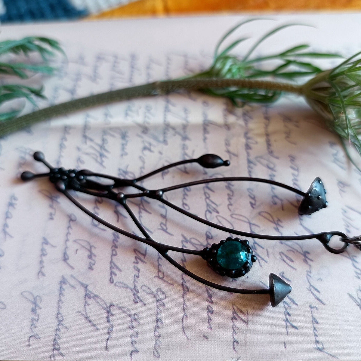 Green Glass Amanita Mushroom Necklace – Blackened Copper Forest Pendant – Botanical
