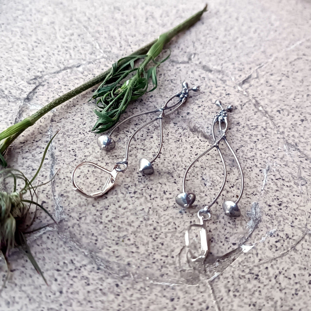 Silver Tone Mushroom Earrings – Copper & Pewter Forest Dangles – Psychedelic Botanical