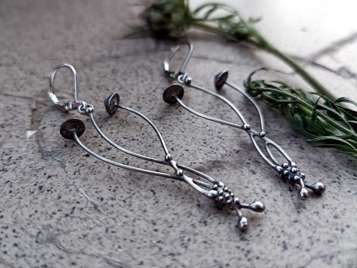 Silver Tone Mushroom Earrings – Copper & Pewter Forest Dangles – Psychedelic Botanical