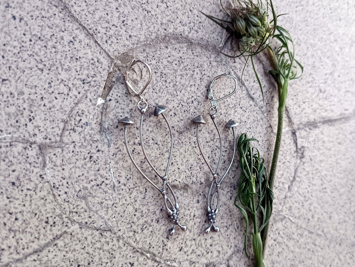 Silver Tone Mushroom Earrings – Copper & Pewter Forest Dangles – Psychedelic Botanical
