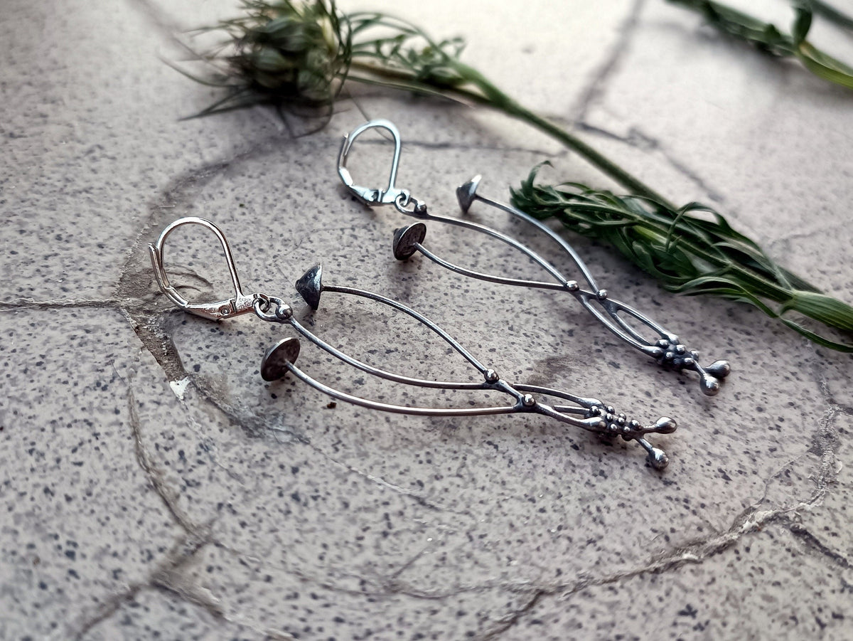 Silver Tone Mushroom Earrings – Copper & Pewter Forest Dangles – Psychedelic Botanical