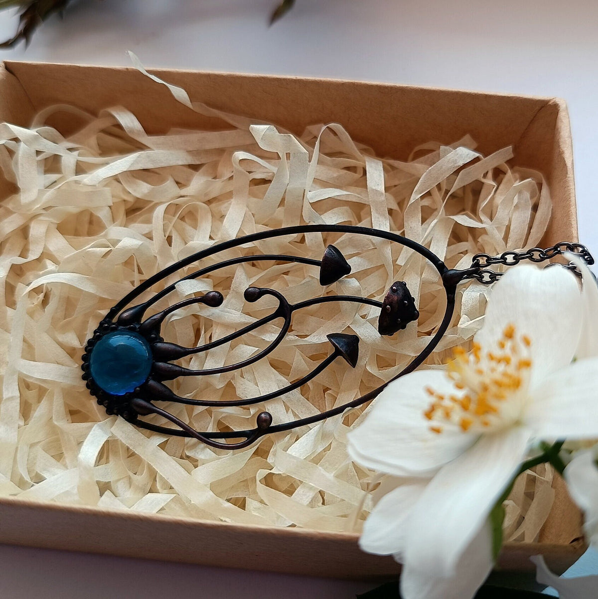 Blue Glass Amanita Mushroom Necklace – Blackened Copper Oval Forest Pendant – Botanical