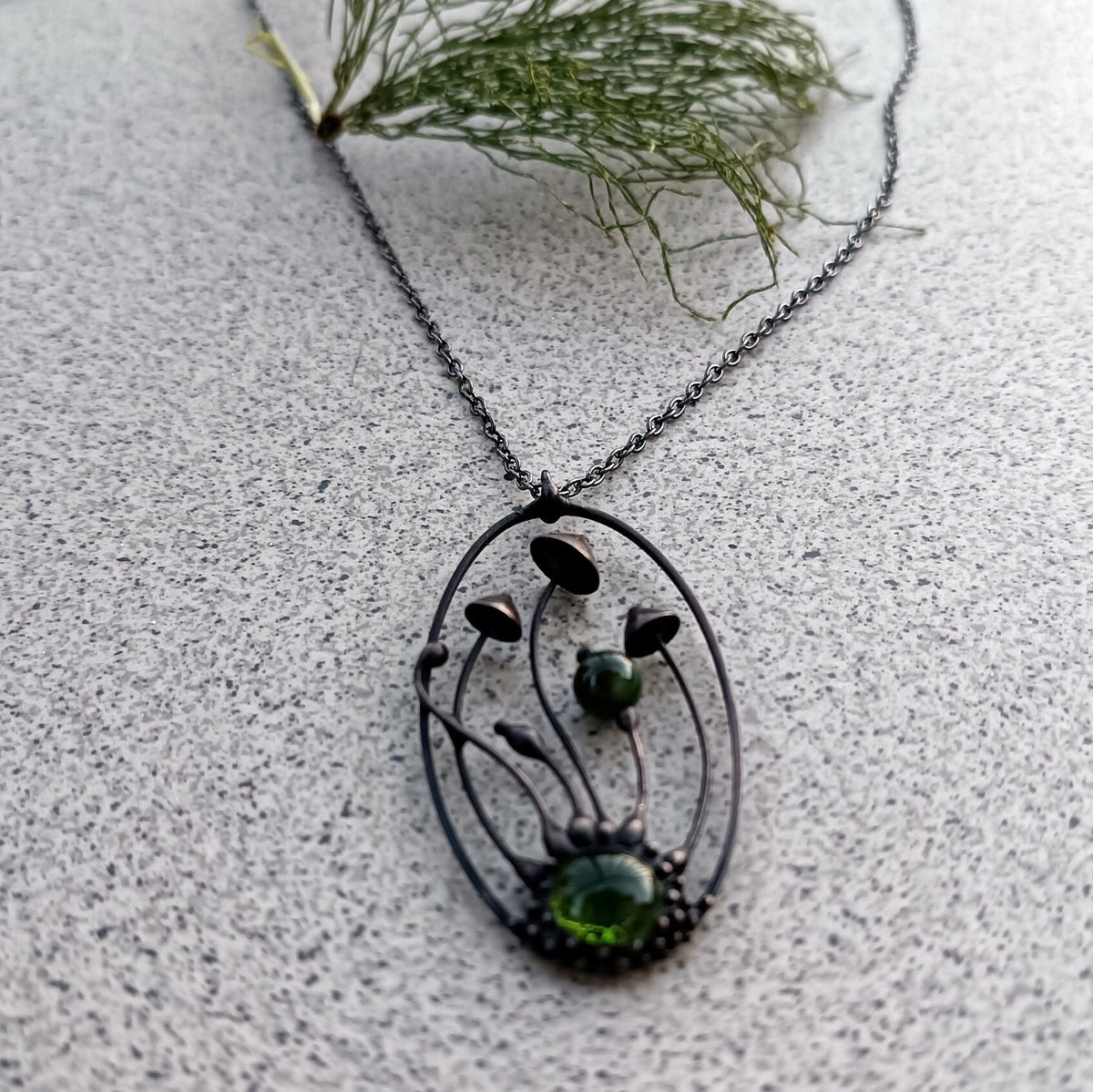 Green Glass Mushroom Necklace – Blackened Copper Oval Forest Pendant – Psychedelic Botanical