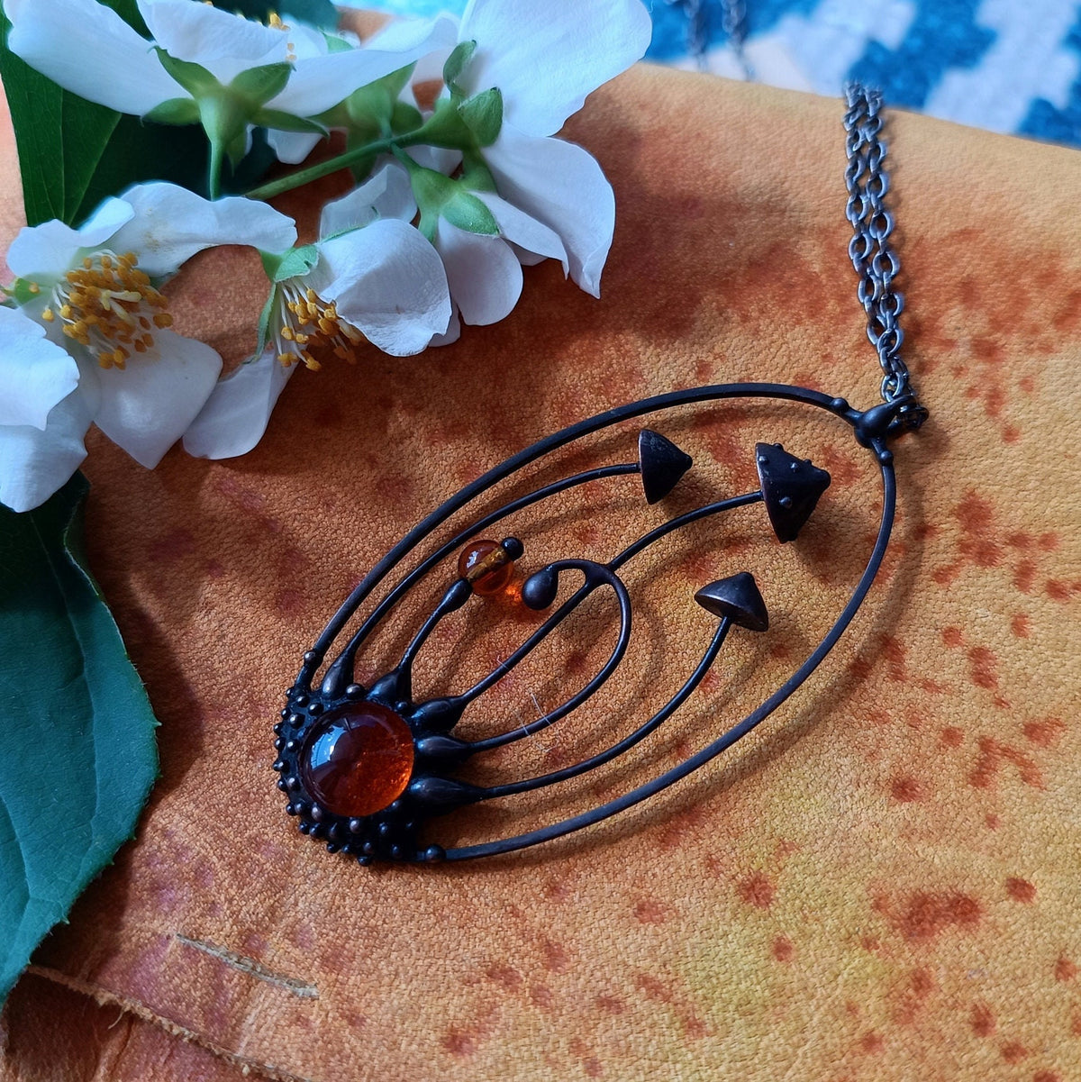 Amanita Mushroom Necklace – Red Orange Glass Pendant – Blackened Copper Oval Forest