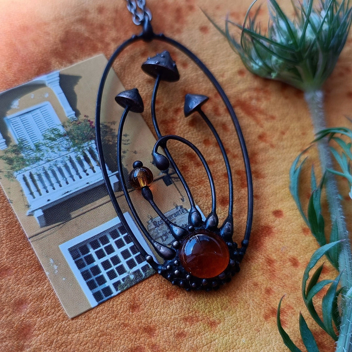 Amanita Mushroom Necklace – Red Orange Glass Pendant – Blackened Copper Oval Forest