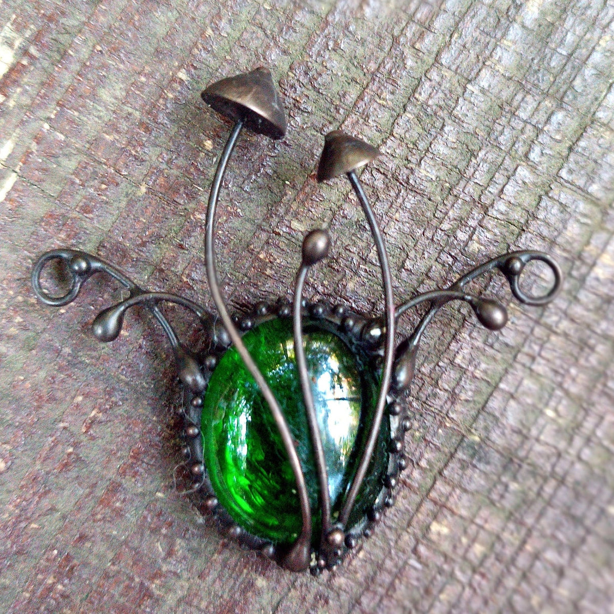 Green Glass Mushroom Necklace – Blackened Copper Forest Pendant – Botanical Fungi