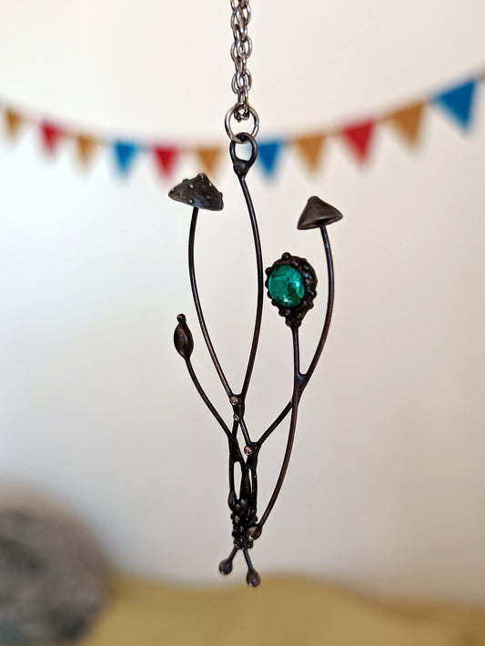 Green Glass Amanita Mushroom Necklace – Blackened Copper Forest Pendant – Botanical