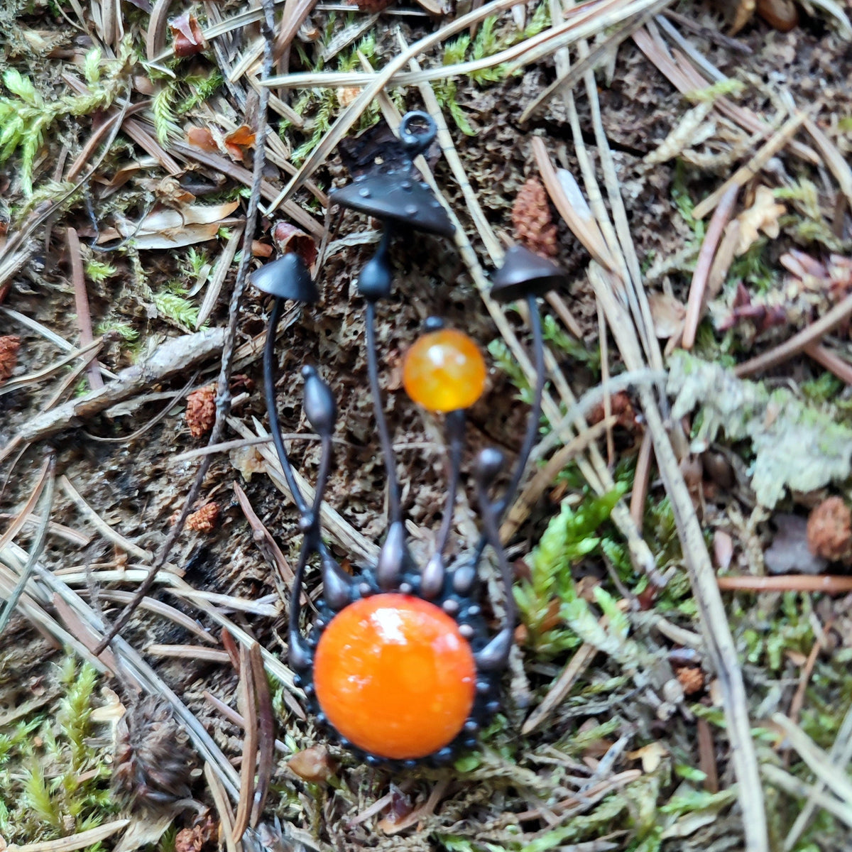 Orange Glass Amanita Mushroom Necklace – Blackened Copper