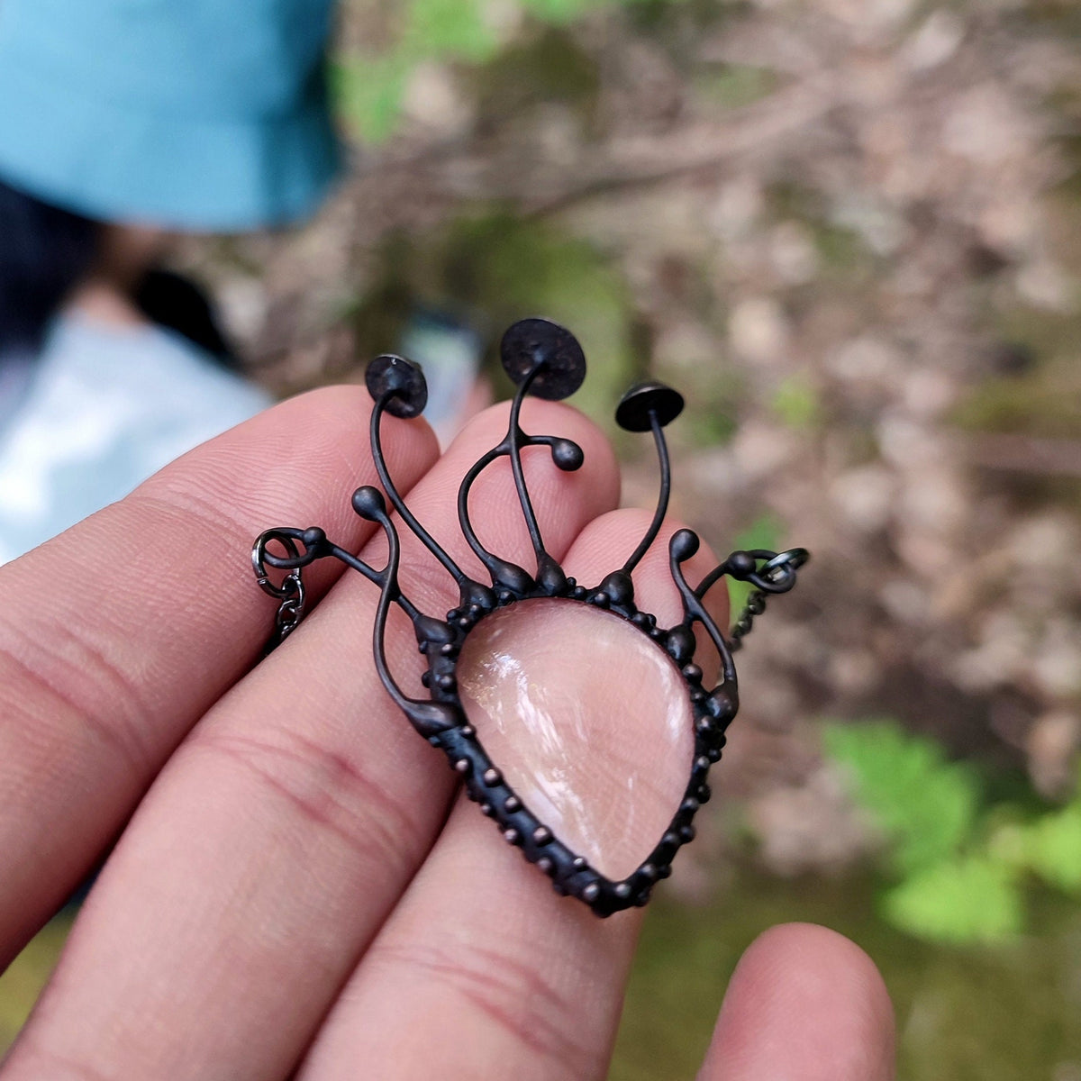 Clear Glass Mushroom Necklace – Blackened Copper Forest Pendant – Psychedelic Fungi