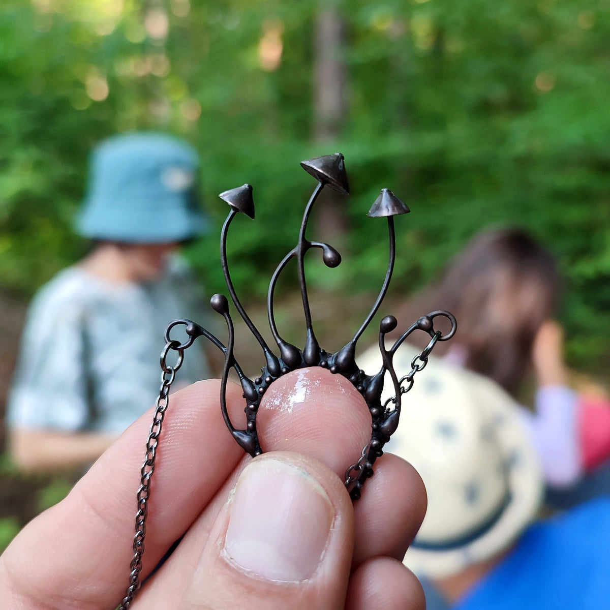 Clear Glass Mushroom Necklace – Blackened Copper Forest Pendant – Psychedelic Fungi