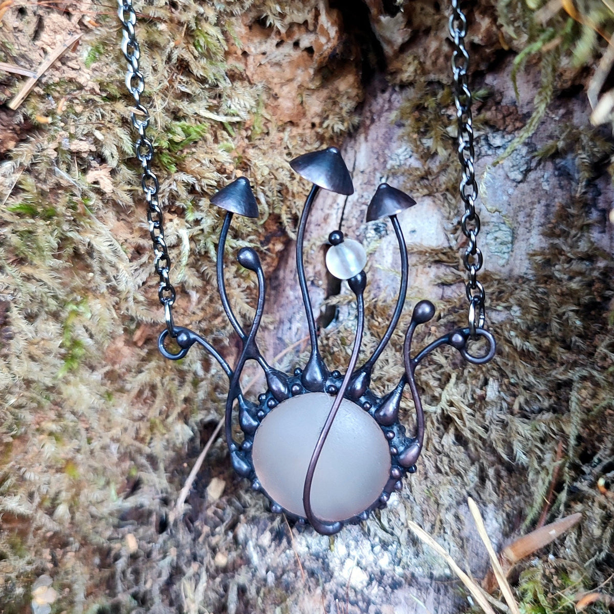Frosted Clear Glass Mushroom Necklace – Blackened Copper