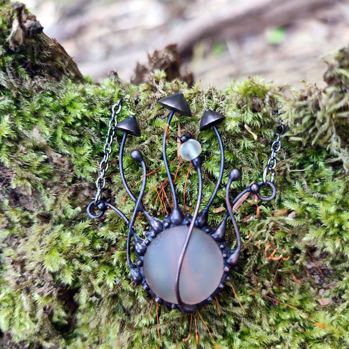 Frosted Clear Glass Mushroom Necklace – Blackened Copper