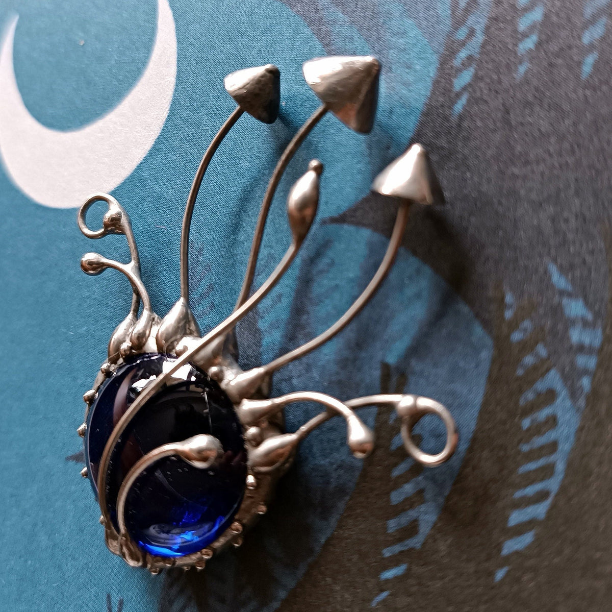 Blue Glass Mushroom Necklace – Silver Tone Copper & Pewter Forest Pendant – Botanical