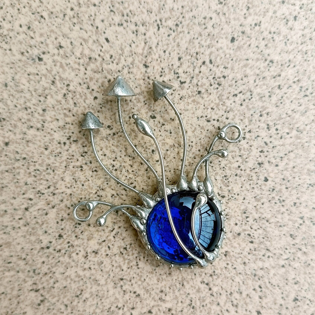 Blue Glass Mushroom Necklace – Silver Tone Copper & Pewter Forest Pendant – Botanical