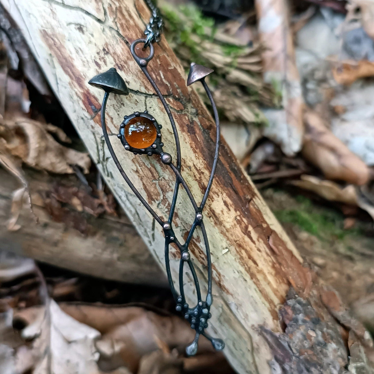 Brown Glass Mushroom Necklace – Blackened Copper