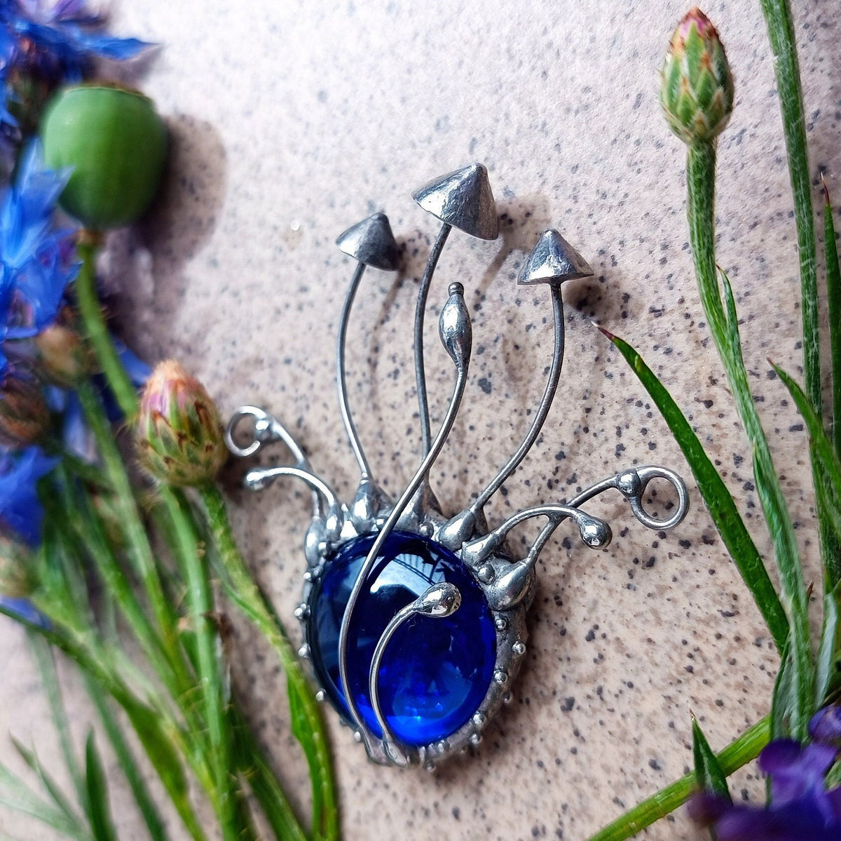 Blue Glass Mushroom Necklace – Silver Tone Copper & Pewter Forest Pendant – Botanical