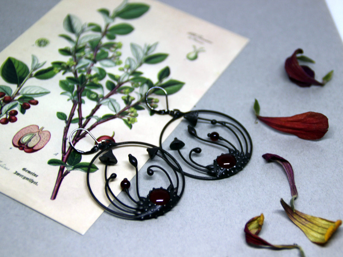 Red Glass Mushroom Hoop Earrings – Blackened Copper Forest Dangles – Botanical