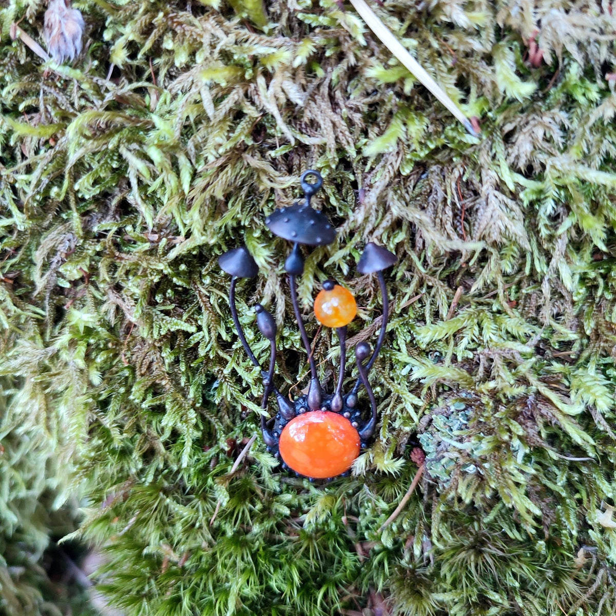 Orange Glass Amanita Mushroom Necklace – Blackened Copper