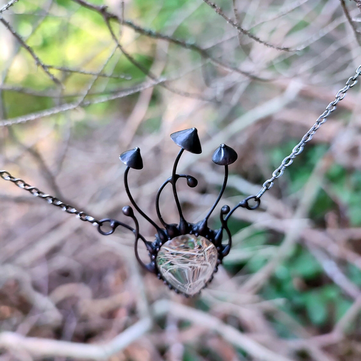 Clear Glass Mushroom Necklace – Blackened Copper Forest Pendant – Psychedelic Fungi