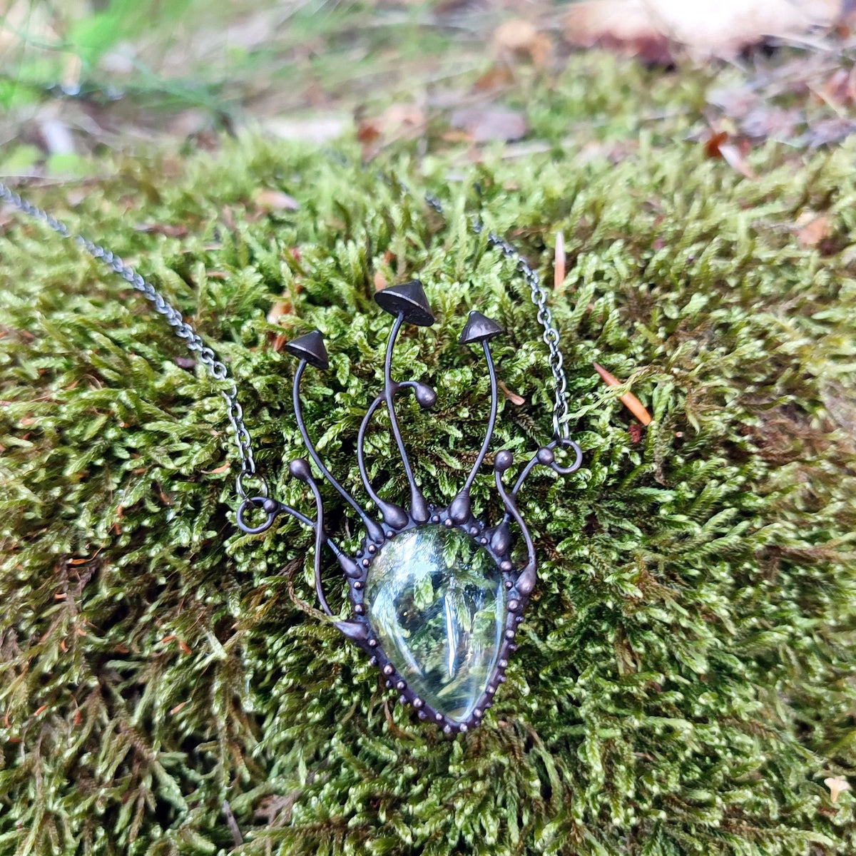 Clear Glass Mushroom Necklace – Blackened Copper Forest Pendant – Psychedelic Fungi