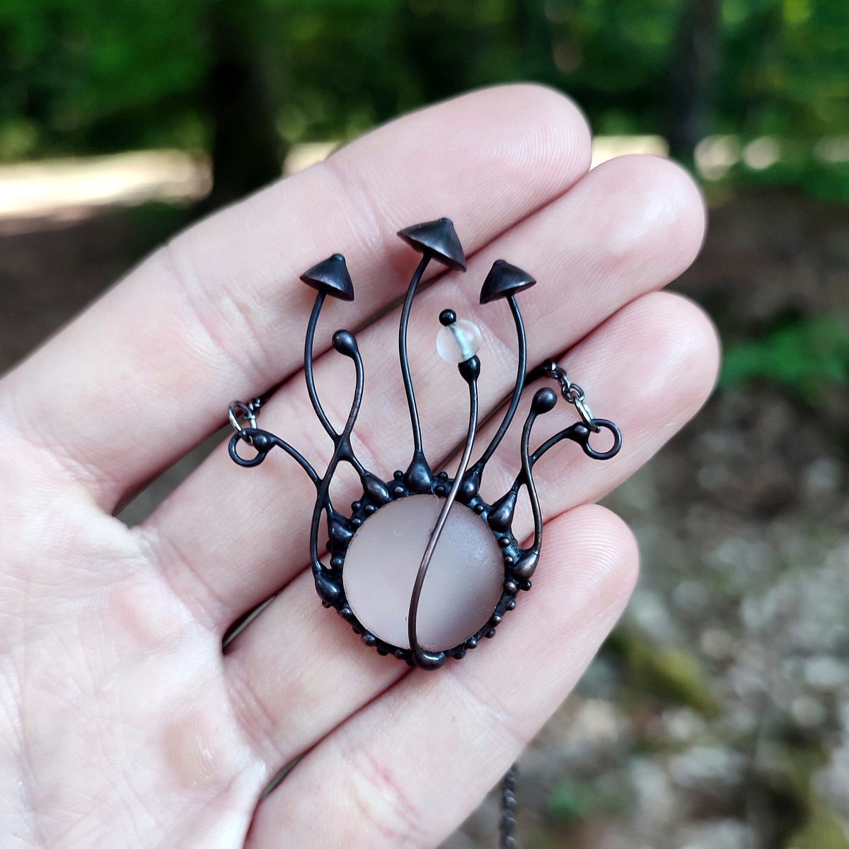Frosted Clear Glass Mushroom Necklace – Blackened Copper
