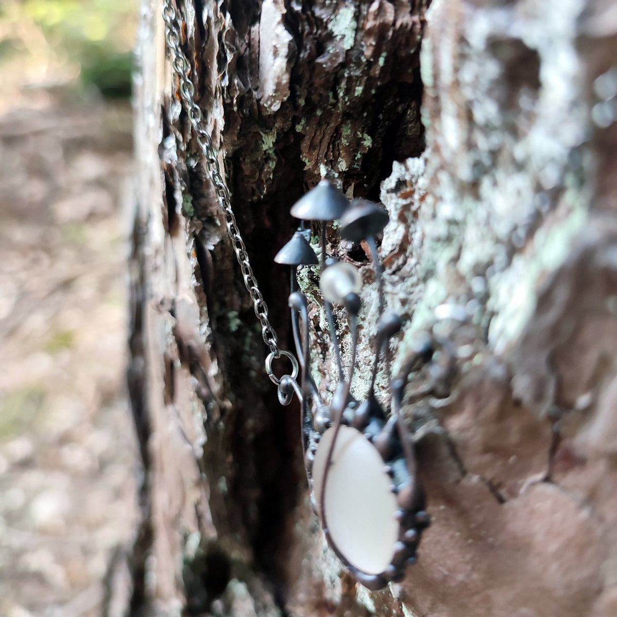 Frosted Clear Glass Mushroom Necklace – Blackened Copper