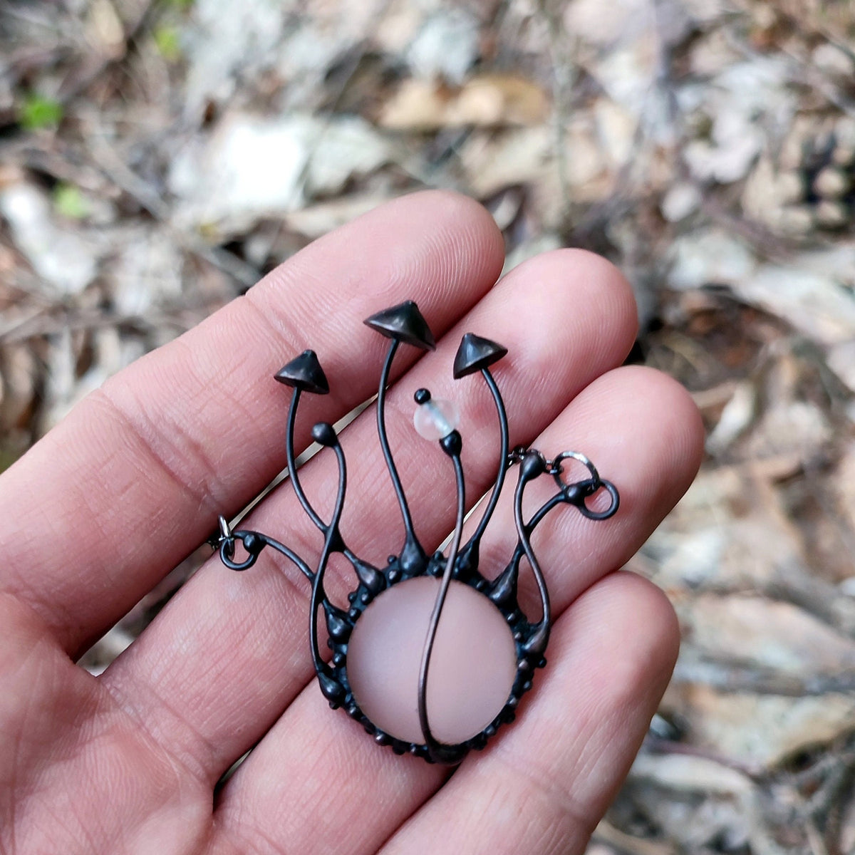 Frosted Clear Glass Mushroom Necklace – Blackened Copper