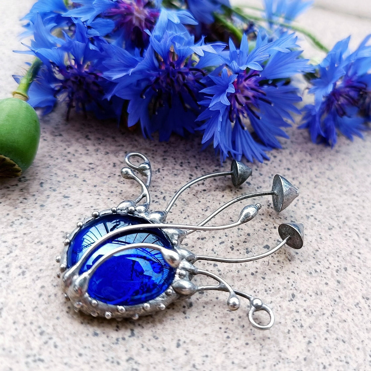 Blue Glass Mushroom Necklace – Silver Tone Copper & Pewter Forest Pendant – Botanical