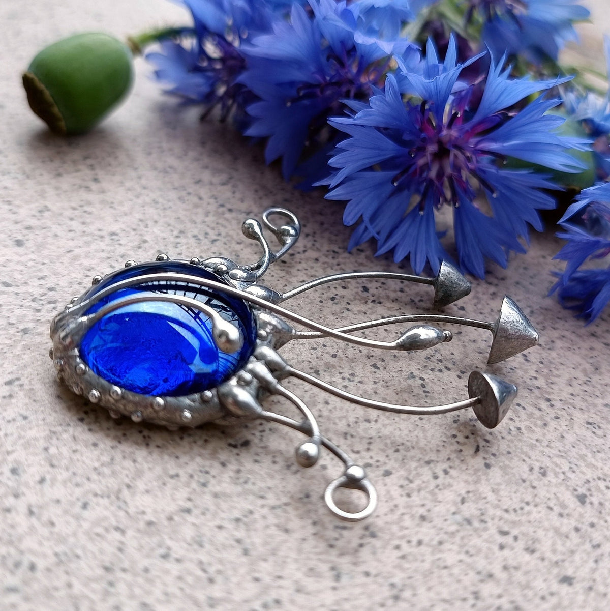 Blue Glass Mushroom Necklace – Silver Tone Copper & Pewter Forest Pendant – Botanical