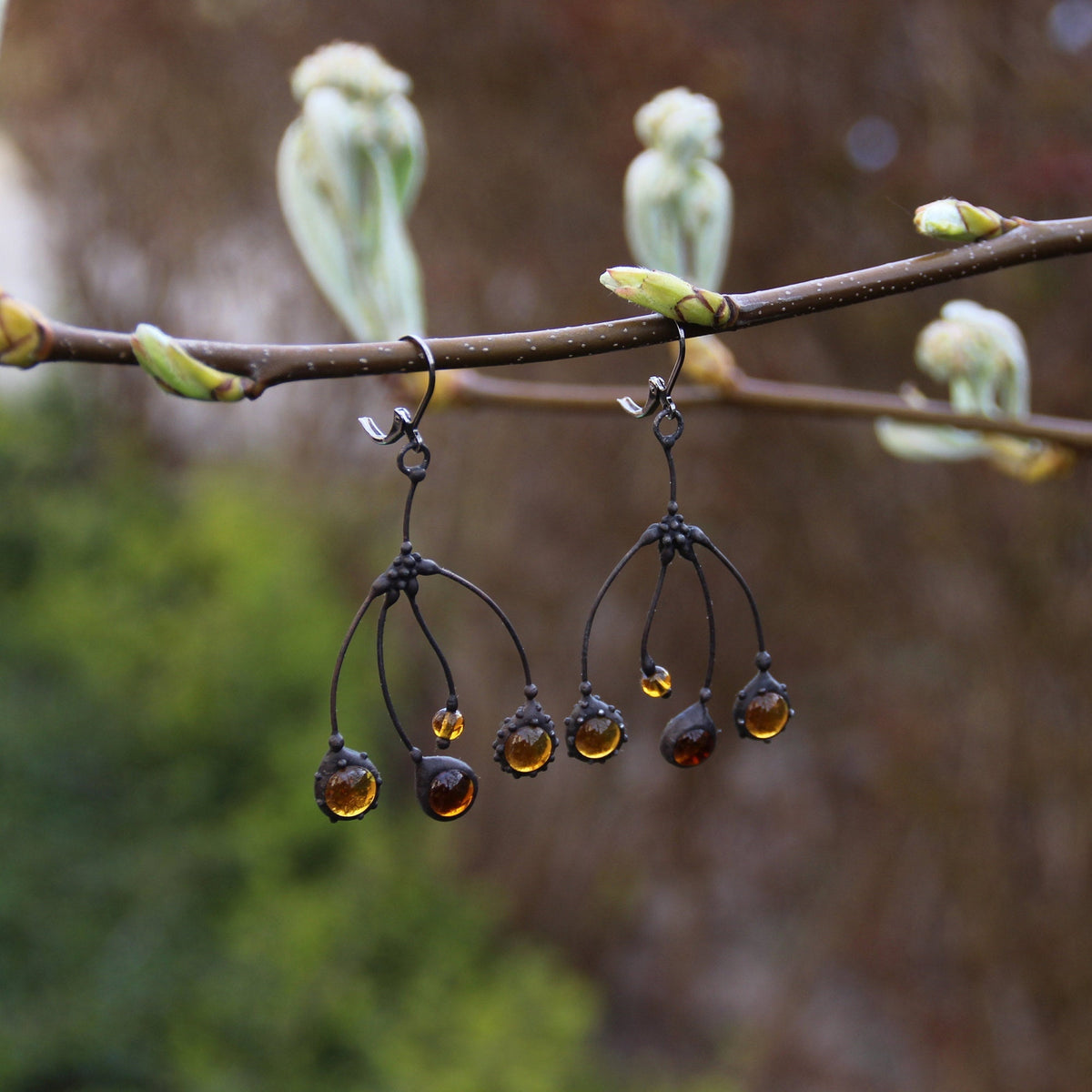 Amber Glass Tree Branch Earrings – Blackened Copper