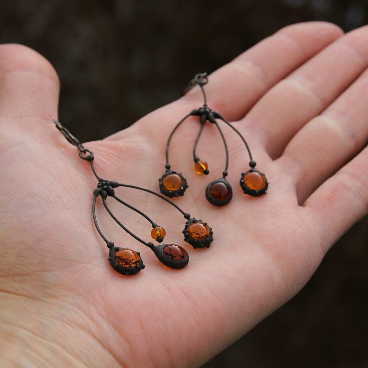 Amber Glass Tree Branch Earrings – Blackened Copper