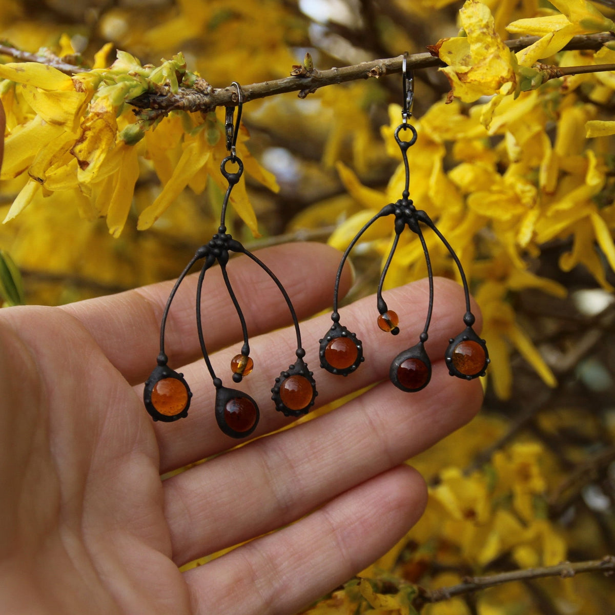 Amber Glass Tree Branch Earrings – Blackened Copper