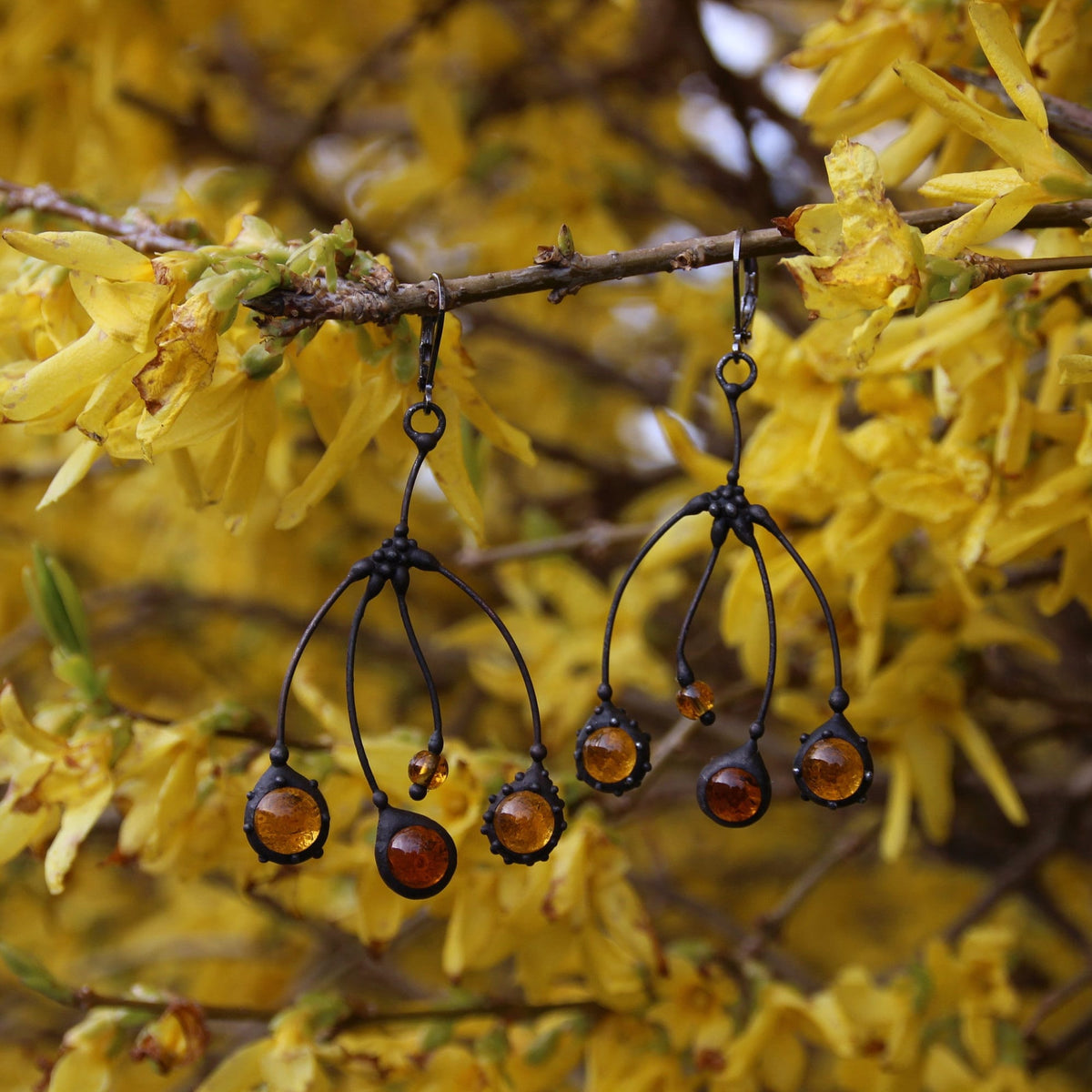 Amber Glass Tree Branch Earrings – Blackened Copper