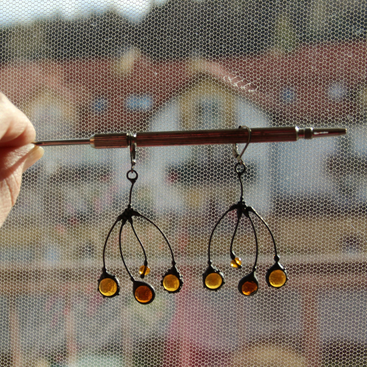 Amber Glass Tree Branch Earrings – Blackened Copper