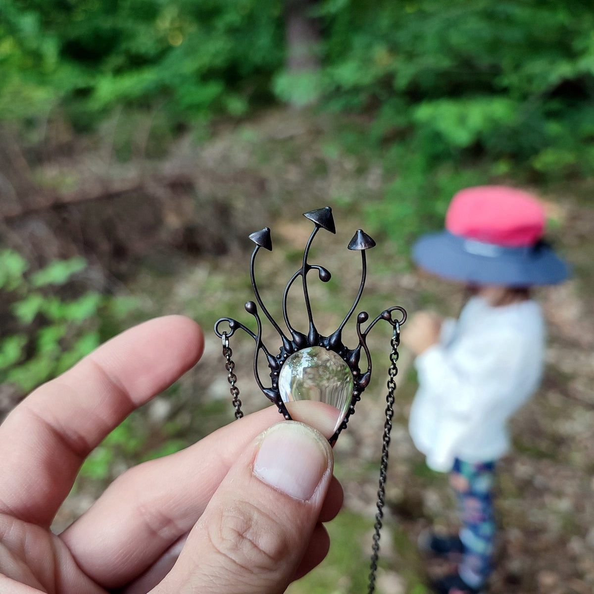 Clear Glass Mushroom Necklace – Blackened Copper Forest Pendant – Psychedelic Fungi