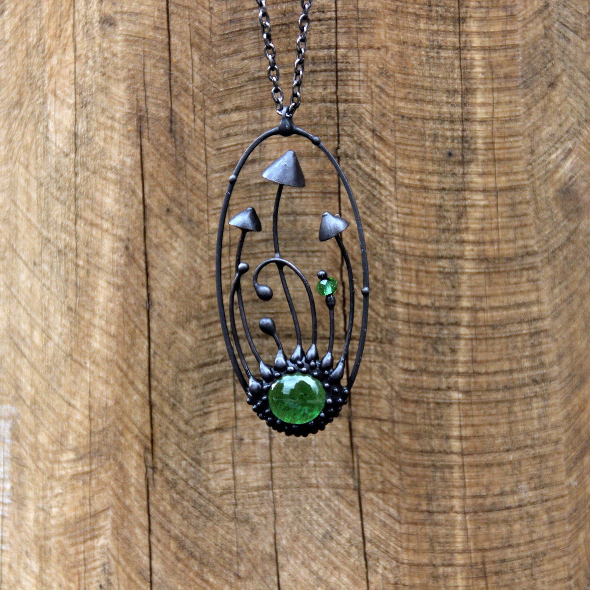 Green Glass Mushroom Necklace – Blackened Copper Oval Forest Pendant – Botanical