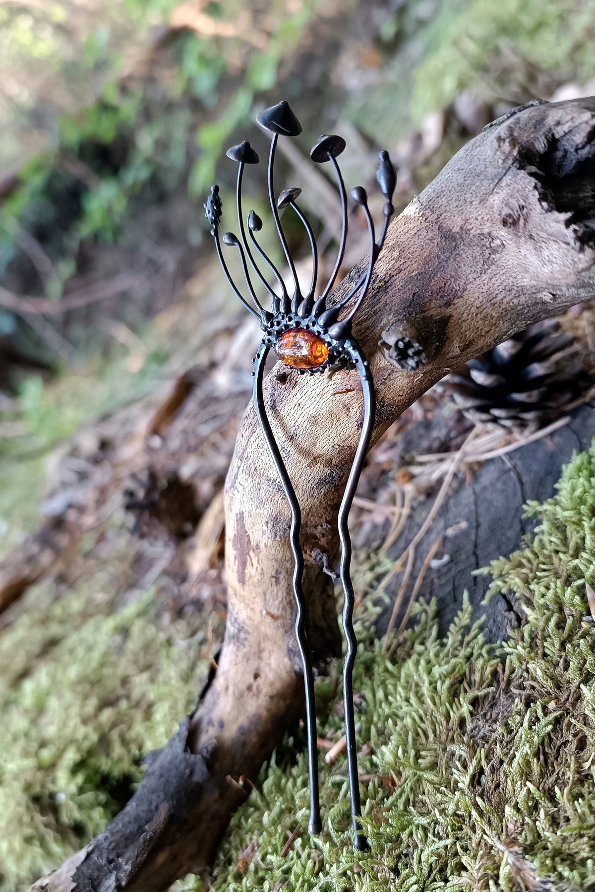 Amber Mushroom Hair Pin – Blackened Copper