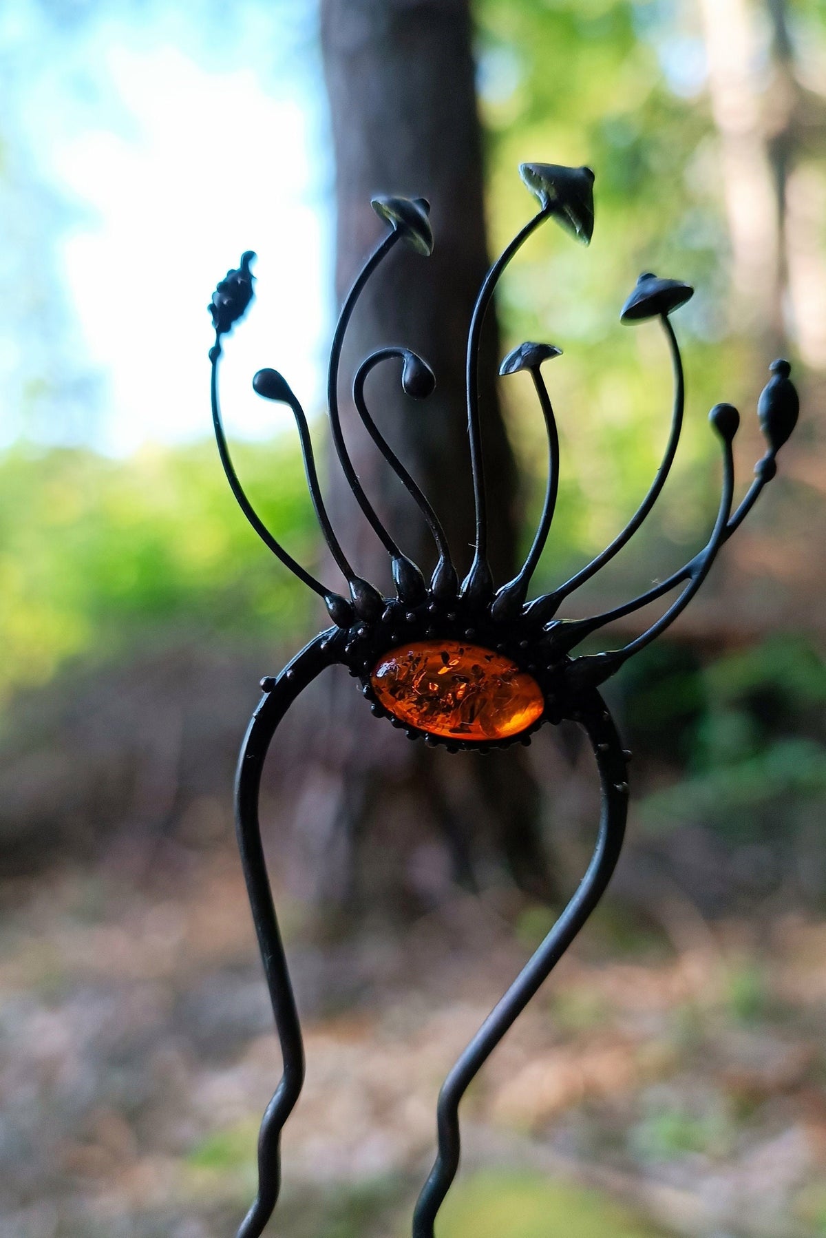 Amber Mushroom Hair Pin – Blackened Copper