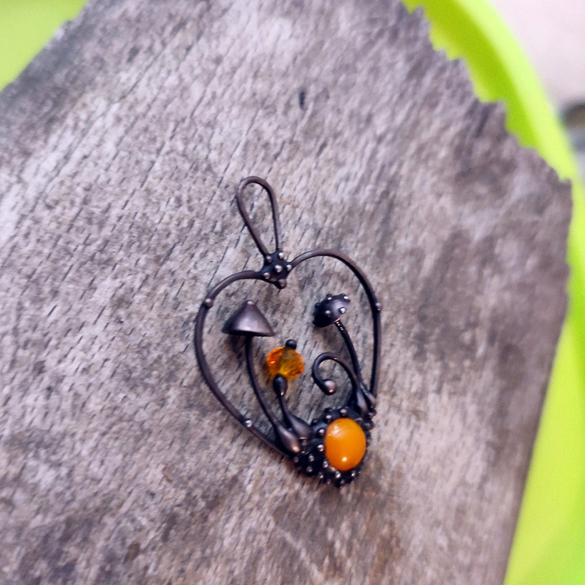 Orange Glass Mushroom Necklace – Blackened Copper