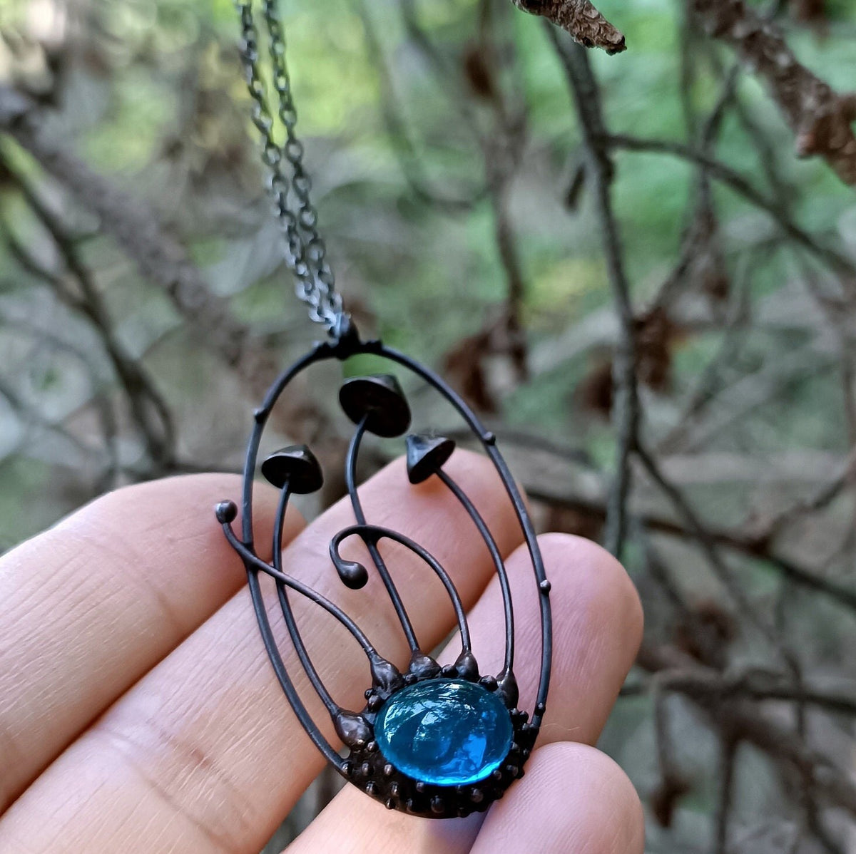 Blue Glass Mushroom Necklace – Blackened Copper Oval Forest Pendant – Botanical