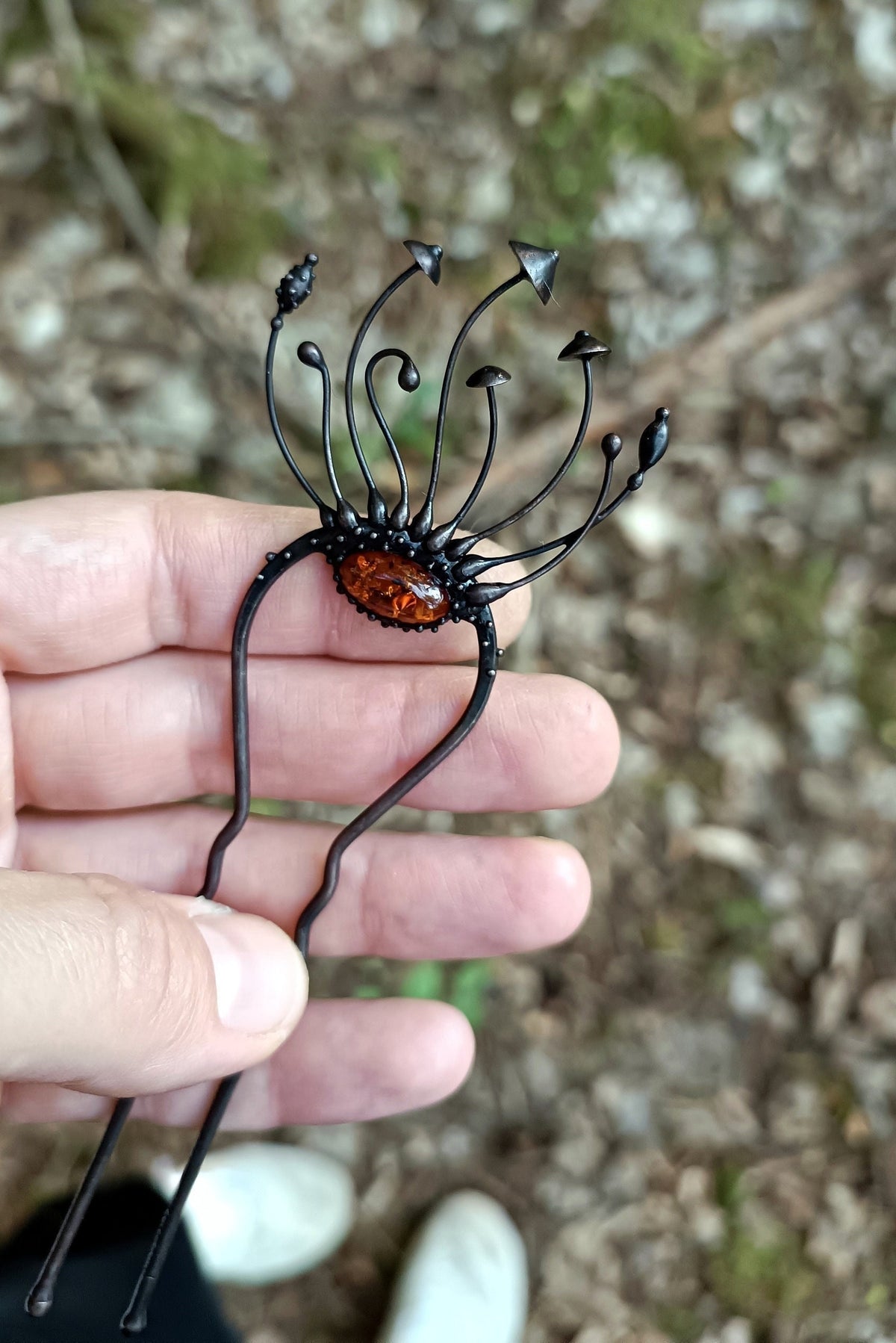 Amber Mushroom Hair Pin – Blackened Copper