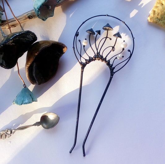Pearl Four-Mushroom Hair Pin – Blackened Copper
