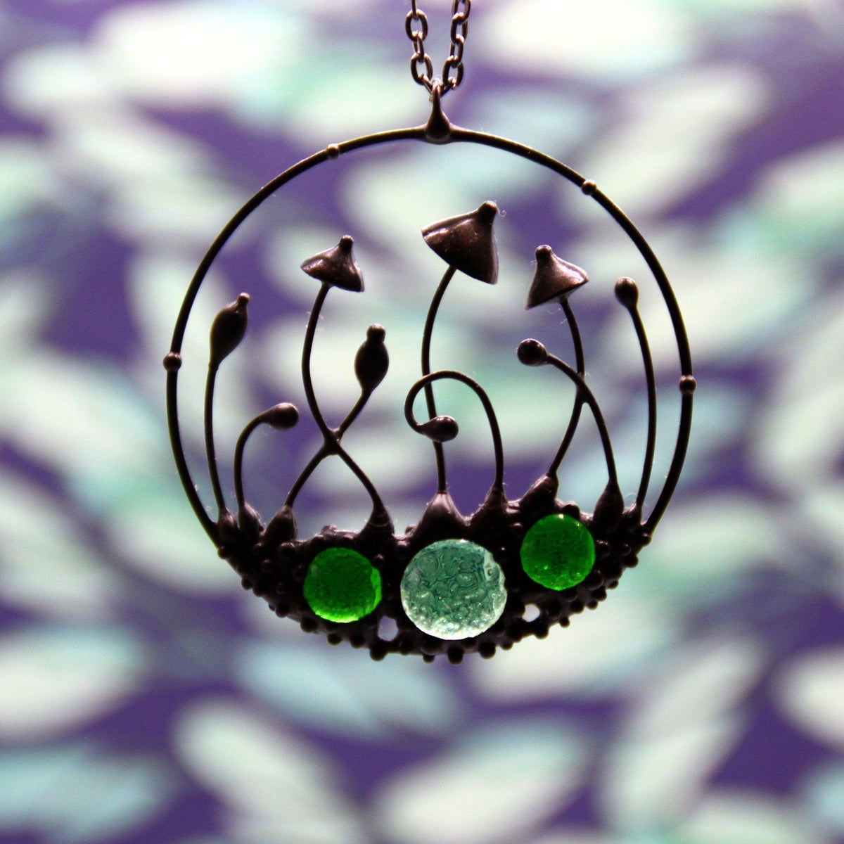 Green Glass Mushroom Necklace – Blackened Copper Round Forest Pendant – Botanical