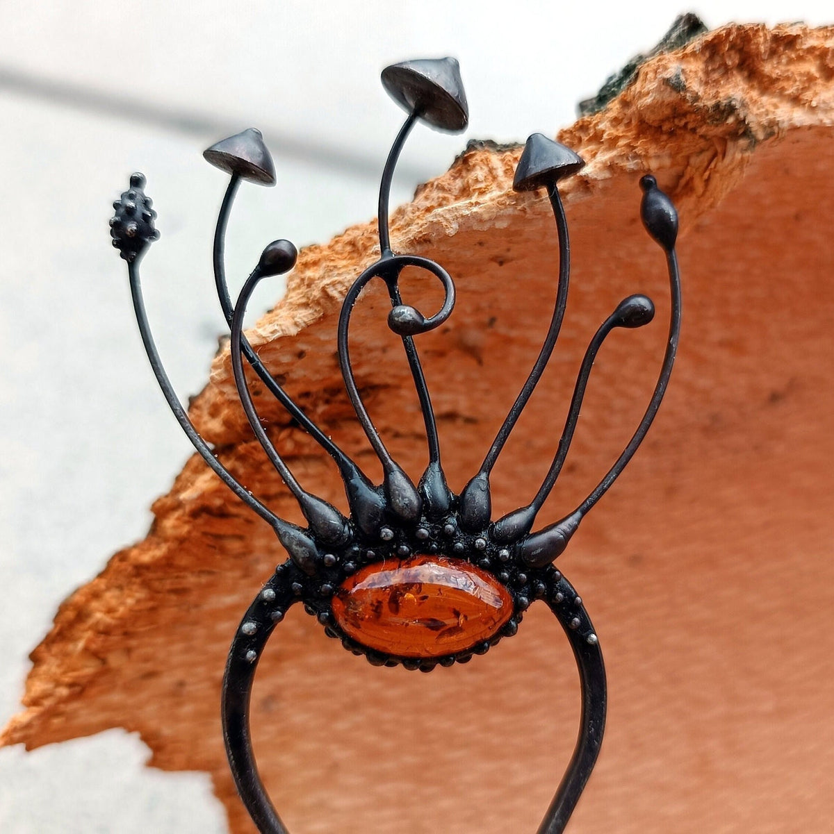Amber Mushroom Hair Pin – Blackened Copper