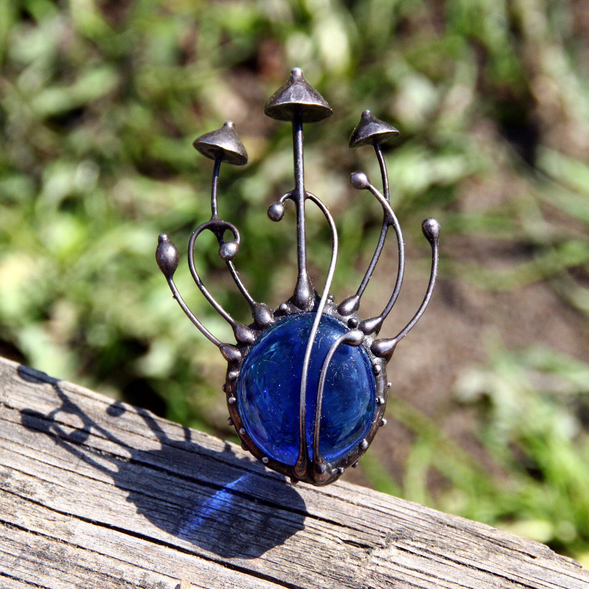 Blue Glass Mushroom Brooch – Blackened Copper